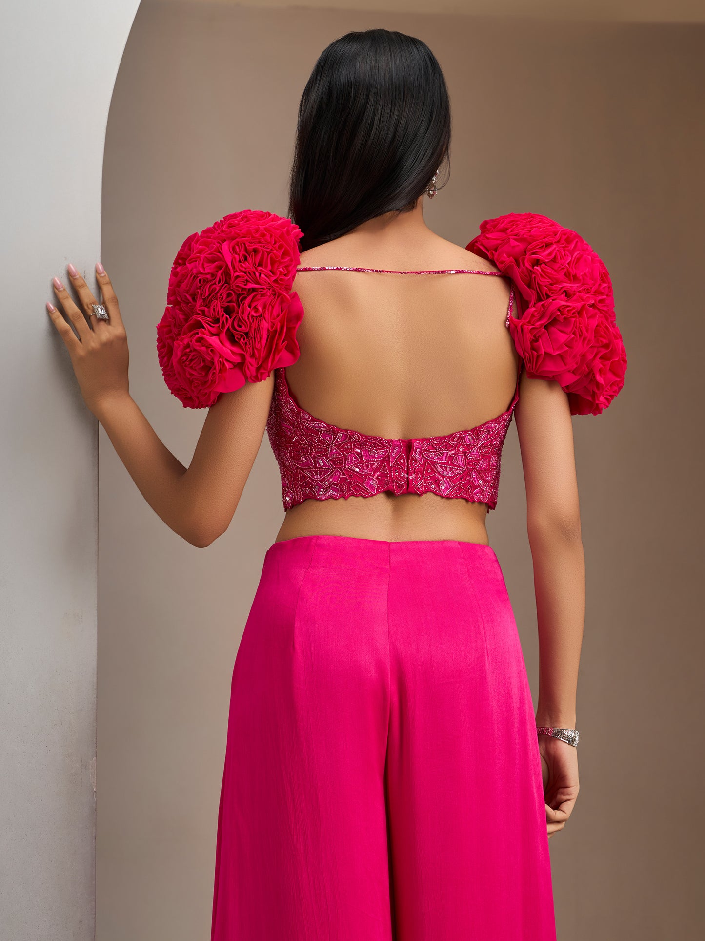 Fuschia Pink Ruffled Sleeves Organza Blouse With Sharara