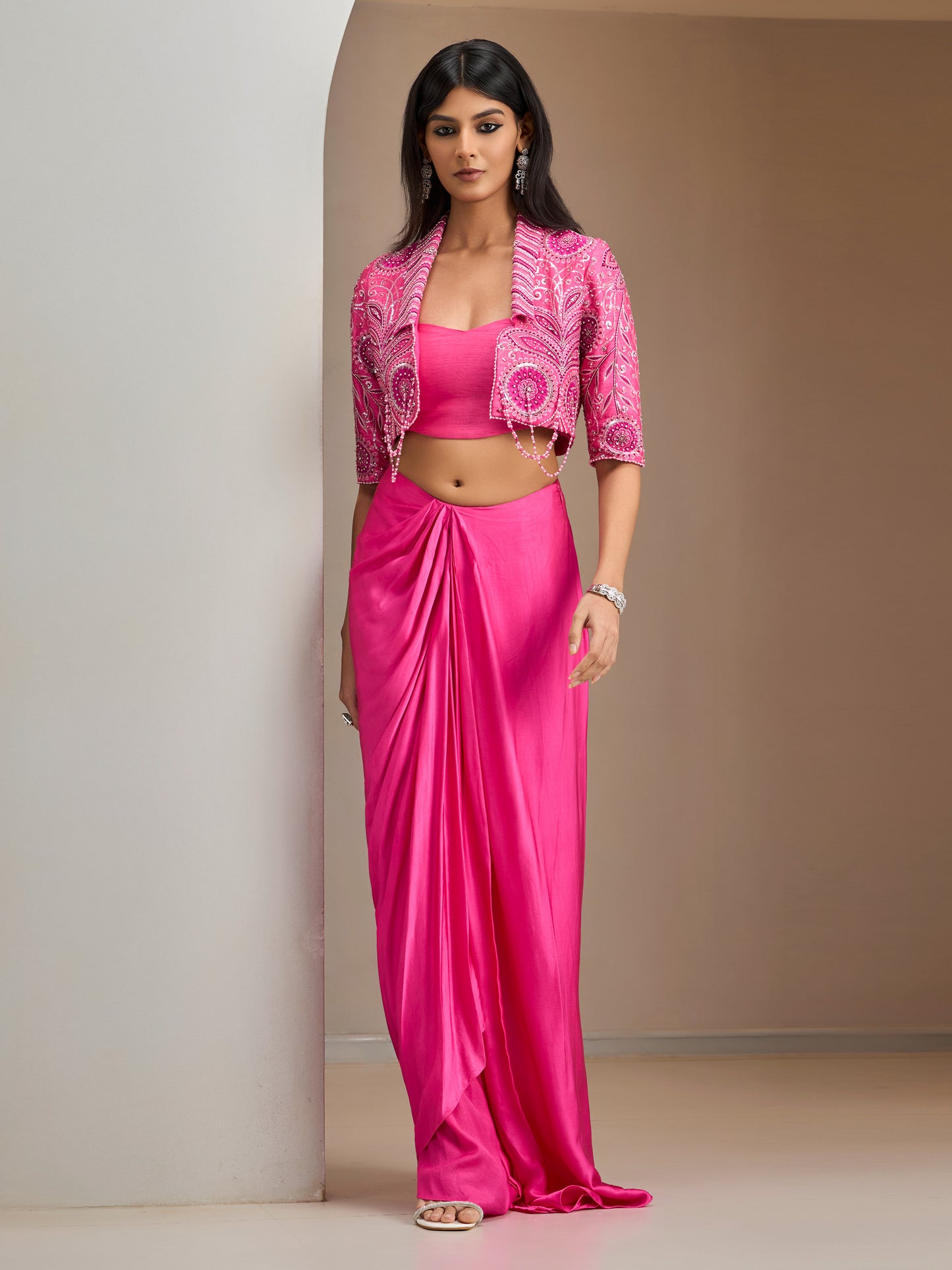 Flamingo Pink Vintage Jacket With Modal Satin Draped Skirt