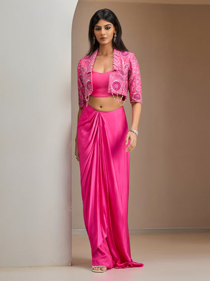 Flamingo Pink Vintage Jacket With Modal Satin Draped Skirt