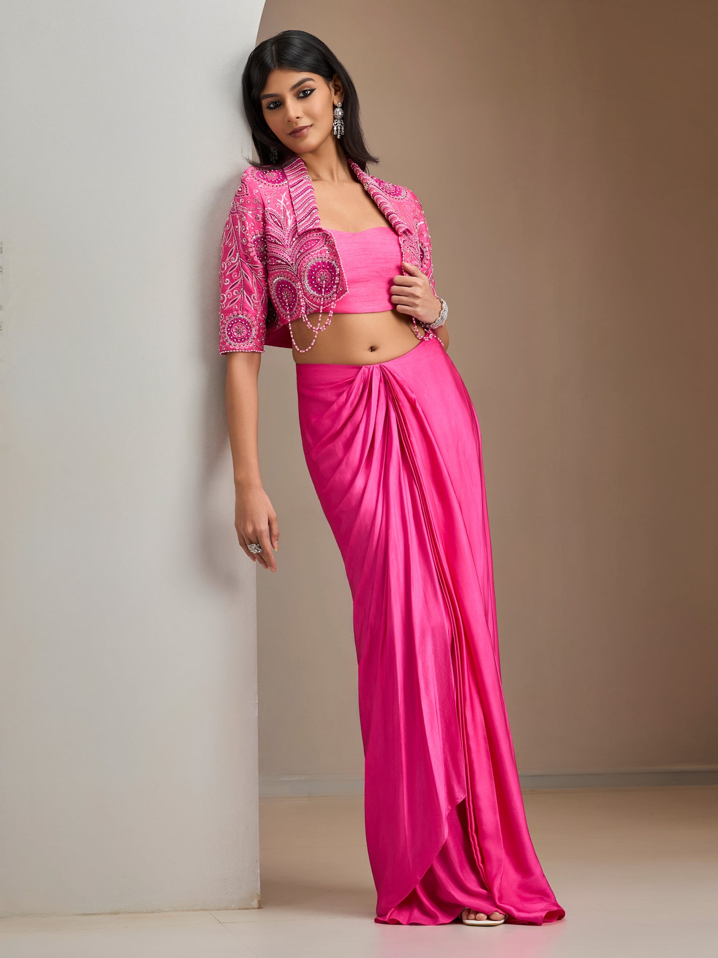 Flamingo Pink Vintage Jacket With Modal Satin Draped Skirt