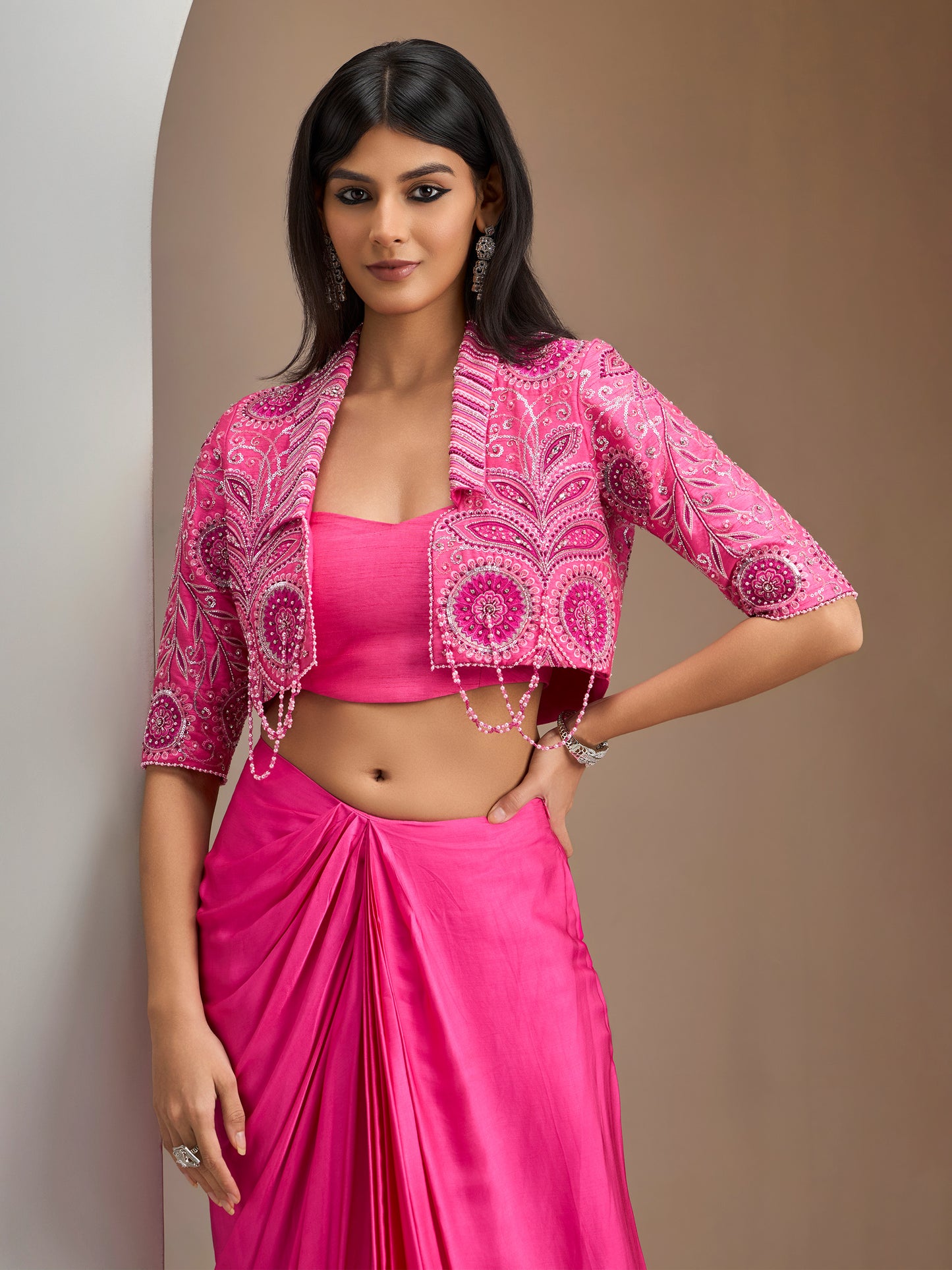 Flamingo Pink Vintage Jacket With Modal Satin Draped Skirt