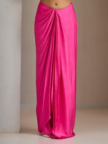 Flamingo Pink Vintage Jacket With Modal Satin Draped Skirt