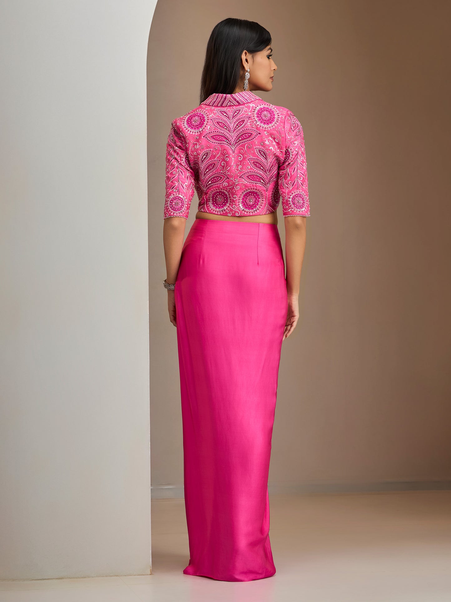 Flamingo Pink Vintage Jacket With Modal Satin Draped Skirt