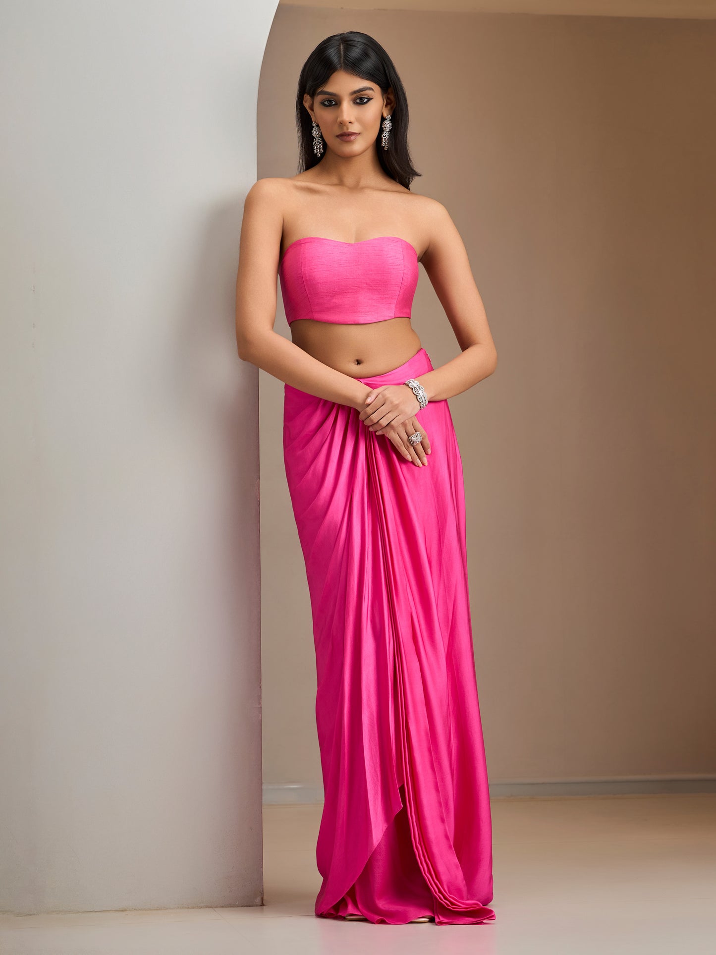 Flamingo Pink Vintage Jacket With Modal Satin Draped Skirt