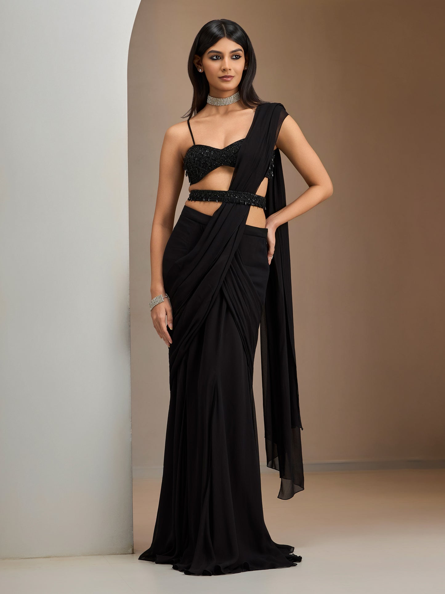 Black Tassel Blouse With Georgette Drape Saree