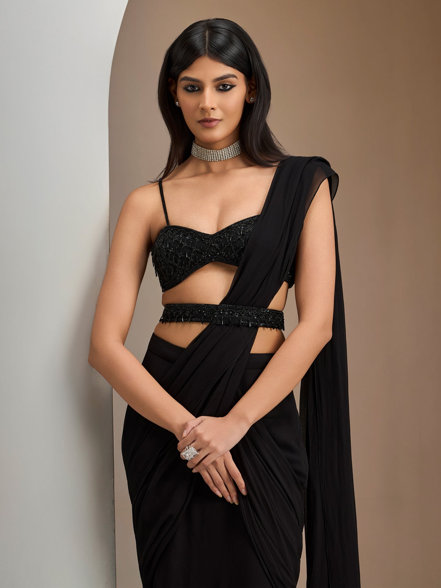 Black Tassel Blouse With Georgette Drape Saree