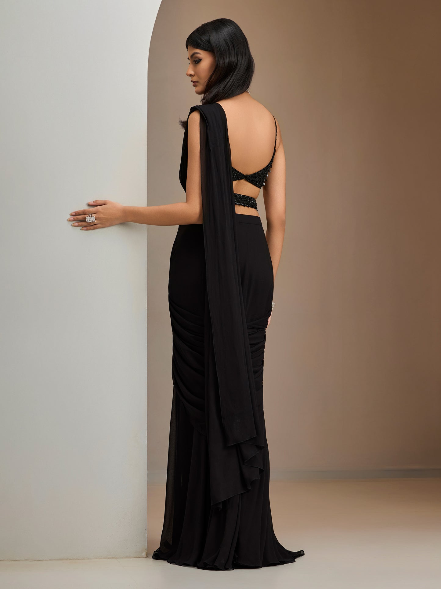 Black Tassel Blouse With Georgette Drape Saree