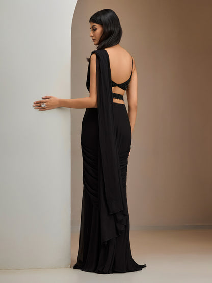 Black Tassel Blouse With Georgette Drape Saree