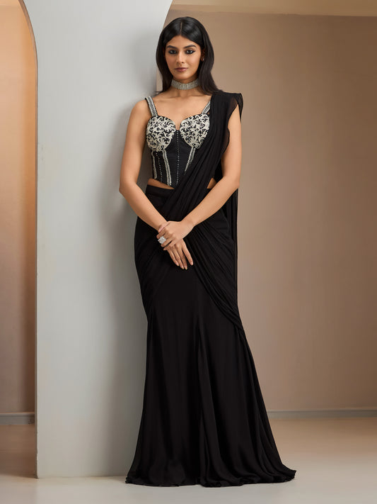 Black Rawsilk Blouse With Hip Rushed Drape Saree