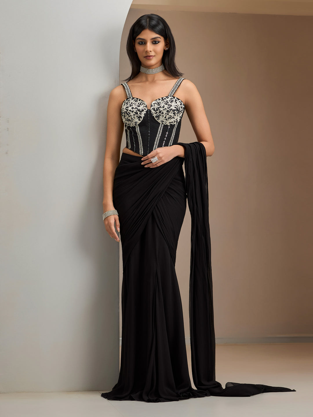 Black Rawsilk Blouse With Hip Rushed Drape Saree