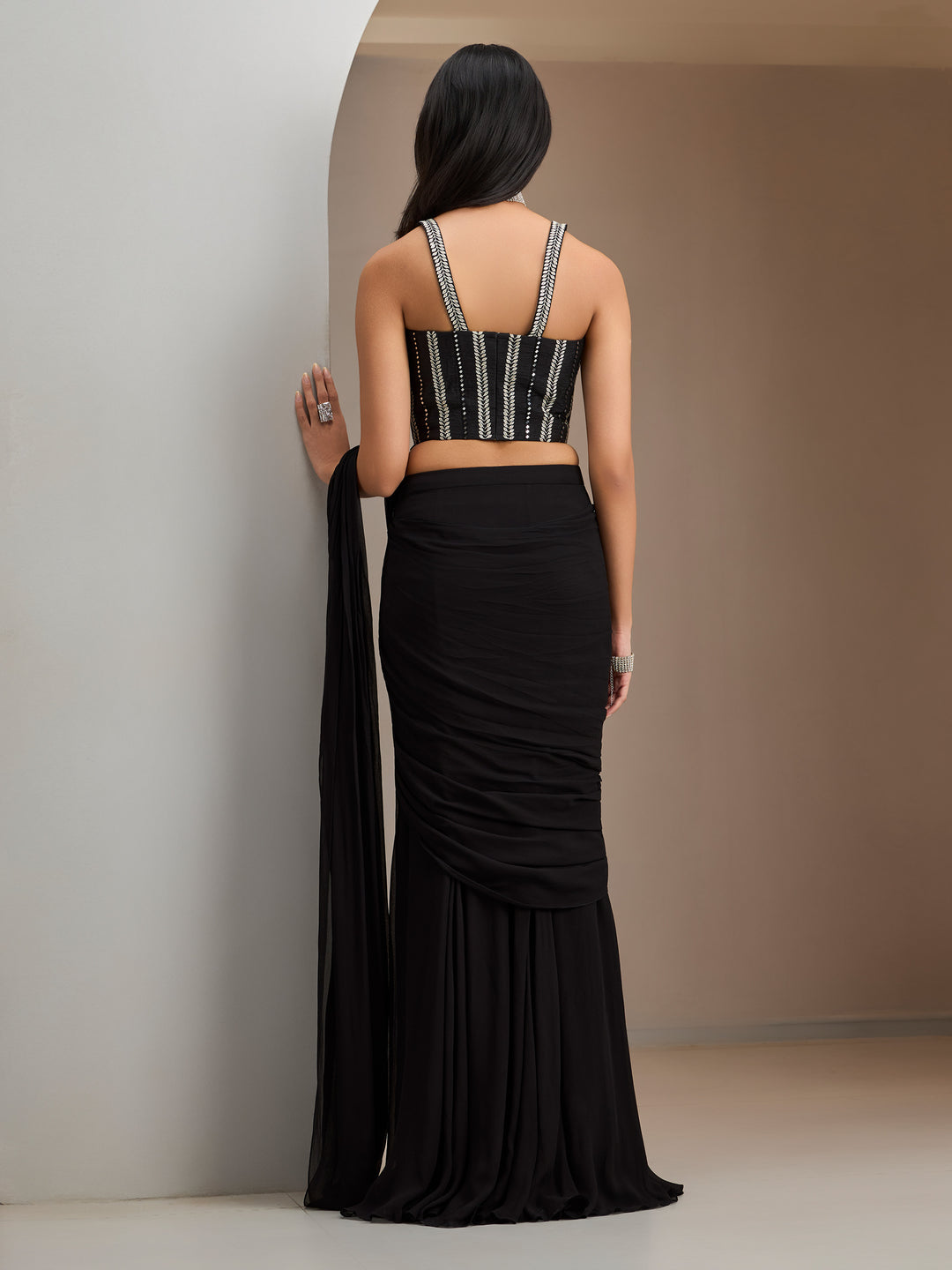 Black Rawsilk Blouse With Hip Rushed Drape Saree