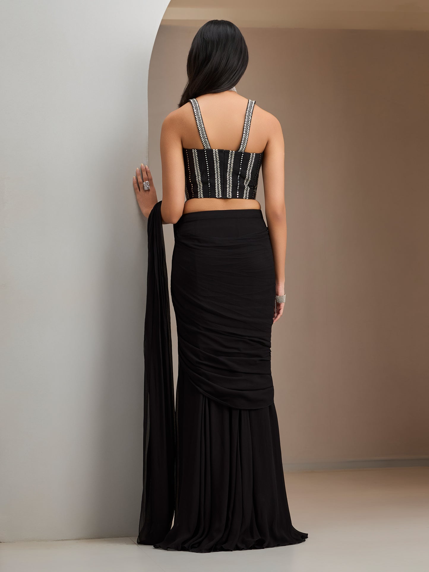 Black Rawsilk Blouse With Hip Rushed Drape Saree