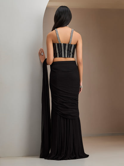 Black Rawsilk Blouse With Hip Rushed Drape Saree