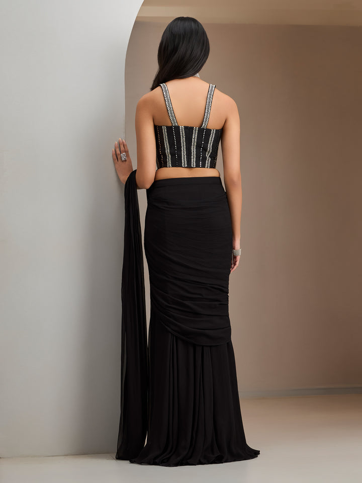 Black Rawsilk Blouse With Hip Rushed Drape Saree
