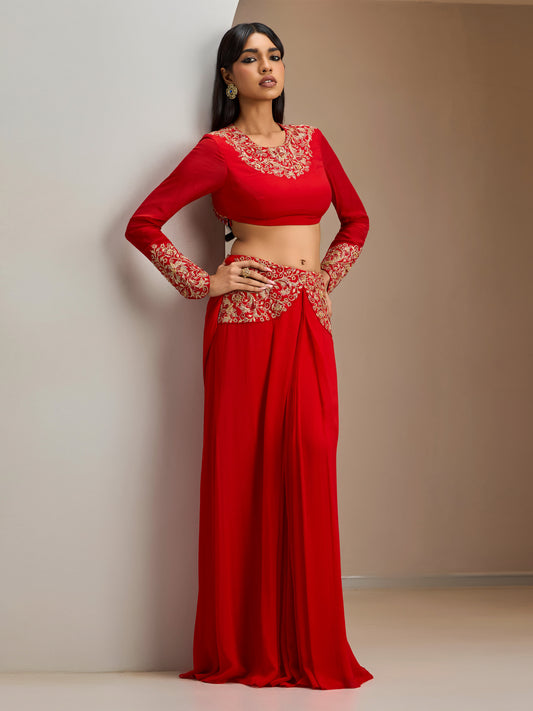 Scarlet Red Gold Embroidered Blouse With Georgette Draped Skirt