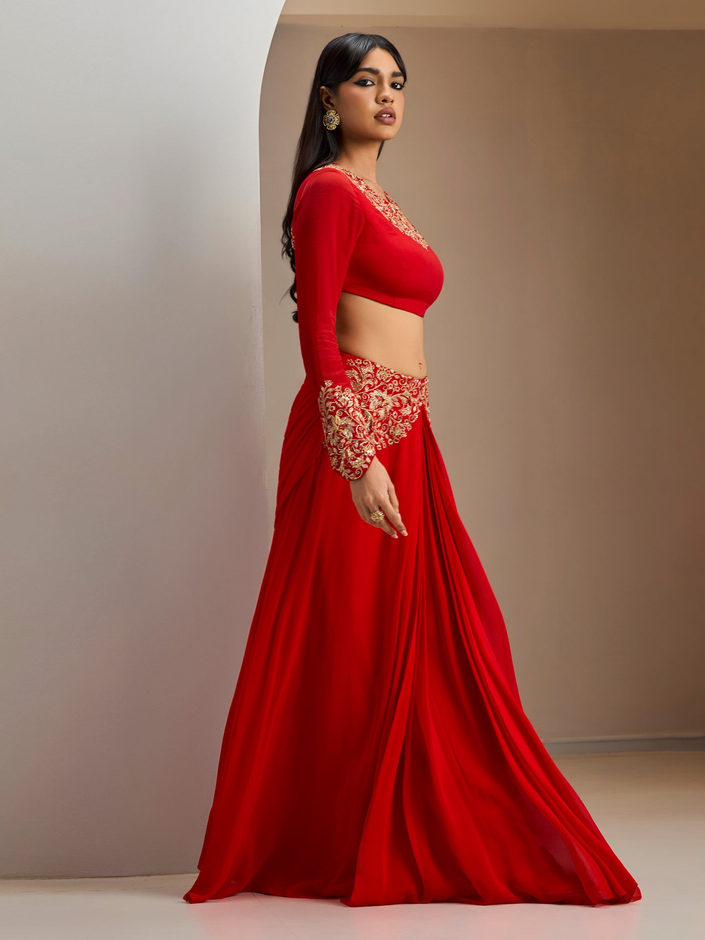 Scarlet Red Gold Embroidered Blouse With Georgette Draped Skirt