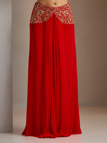 Scarlet Red Gold Embroidered Blouse With Georgette Draped Skirt