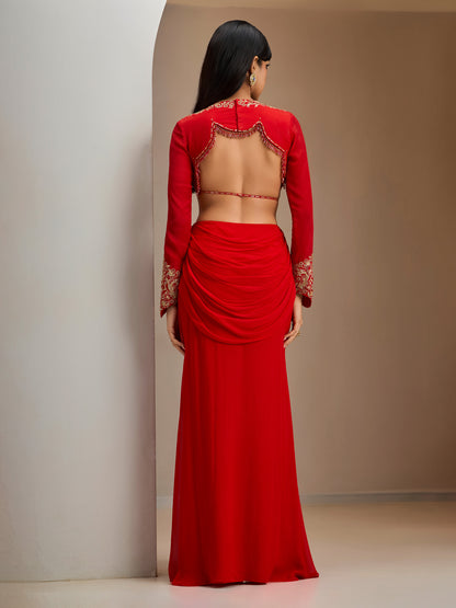 Scarlet Red Gold Embroidered Blouse With Georgette Draped Skirt
