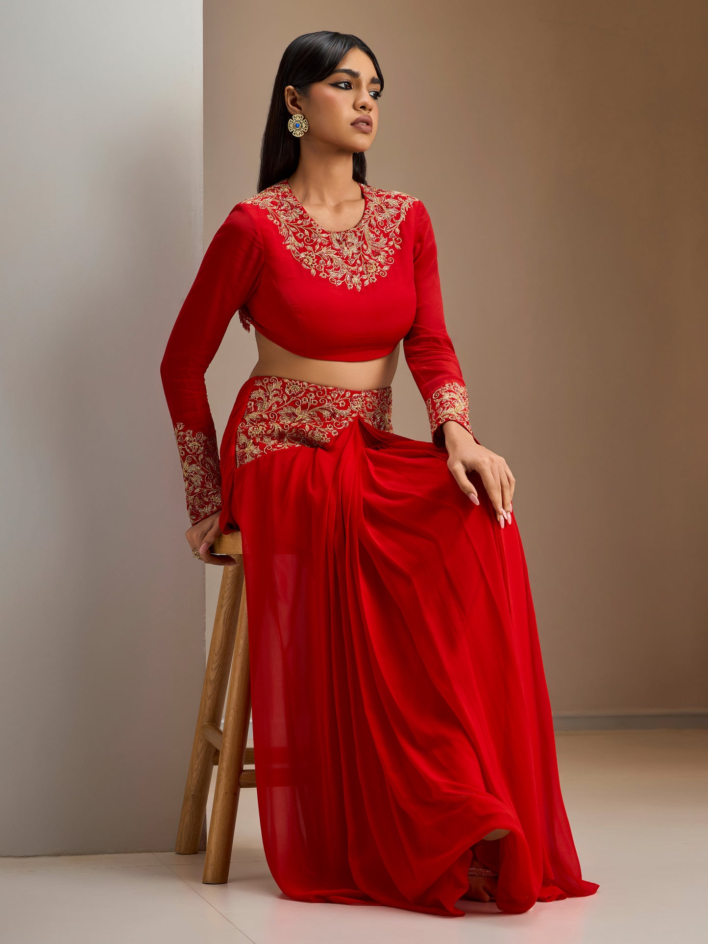 Scarlet Red Gold Embroidered Blouse With Georgette Draped Skirt