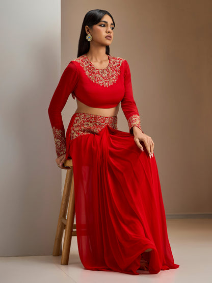 Scarlet Red Gold Embroidered Blouse With Georgette Draped Skirt
