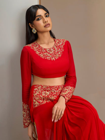 Scarlet Red Gold Embroidered Blouse With Georgette Draped Skirt
