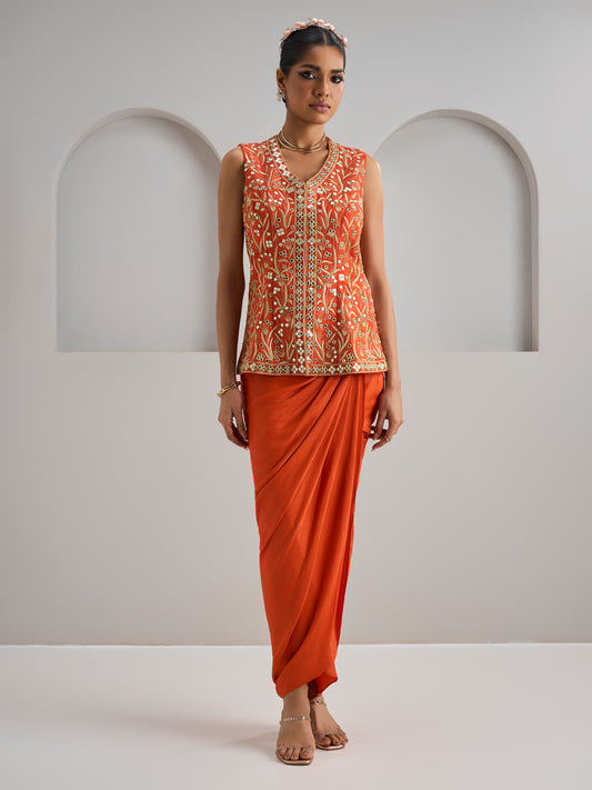 Orange Rawsilk Jacket With Skirt
