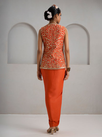 Orange Rawsilk Jacket With Skirt