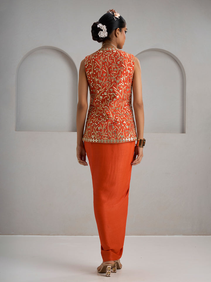 Orange Rawsilk Jacket With Skirt