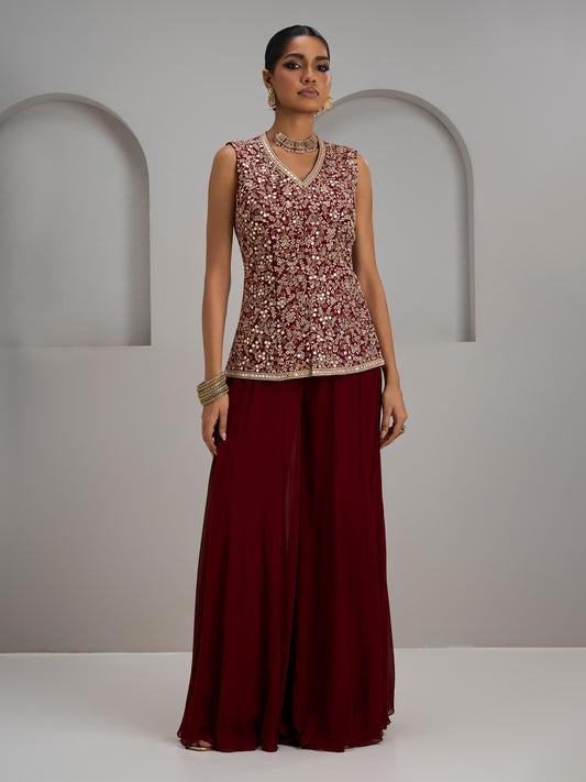 Maroon Jacket With Flared Sharara Pants