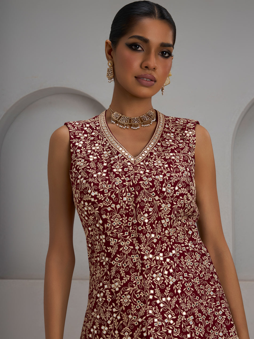 Maroon Jacket With Flared Sharara Pants
