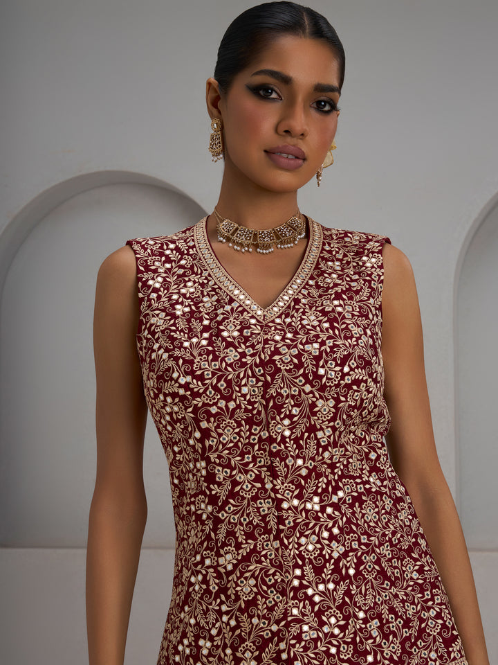 Maroon Jacket With Flared Sharara Pants
