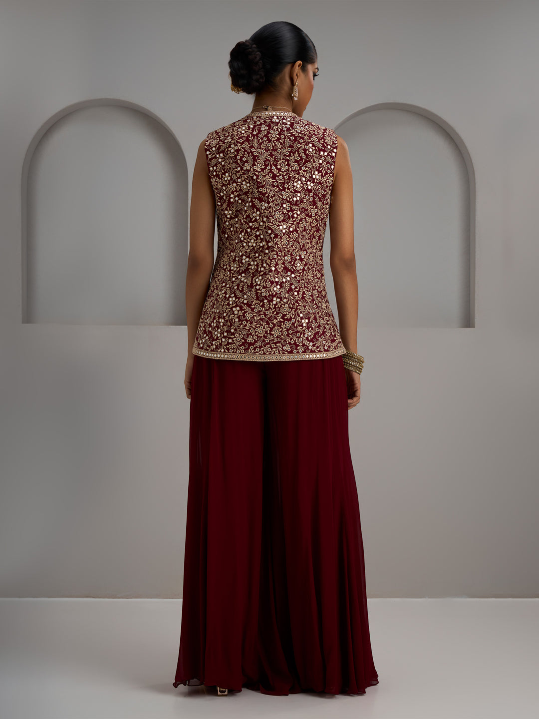 Maroon Jacket With Flared Sharara Pants