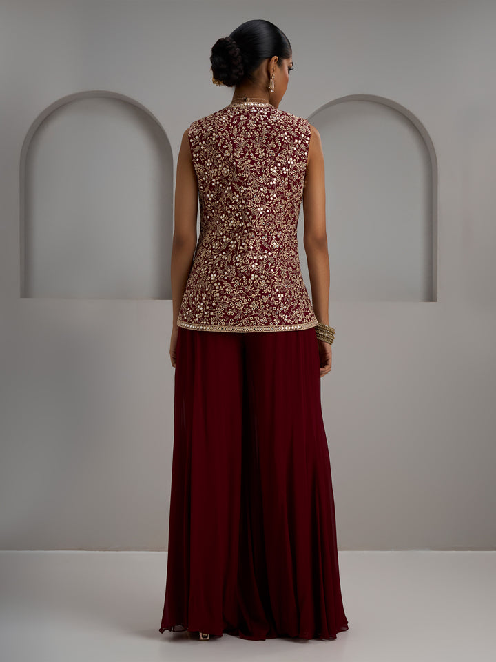 Maroon Jacket With Flared Sharara Pants