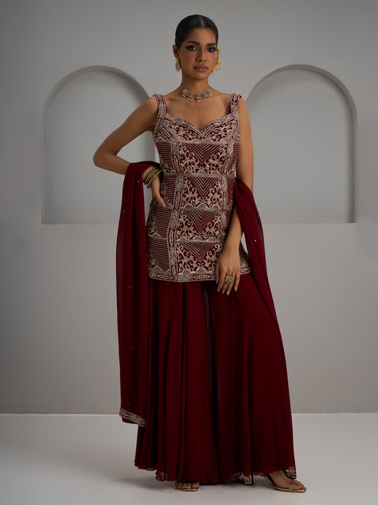 Maroon Georgette Kurti With Sharara And Dupatta