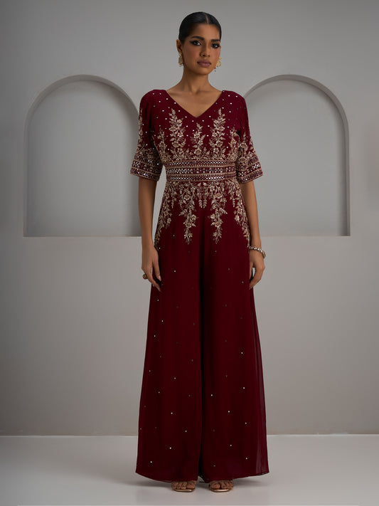 Maroon Hand Embroidered Half Sleeves Jumpsuit