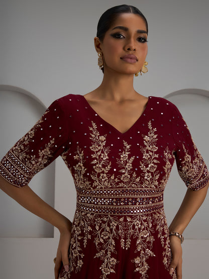 Maroon Hand Embroidered Half Sleeves Jumpsuit