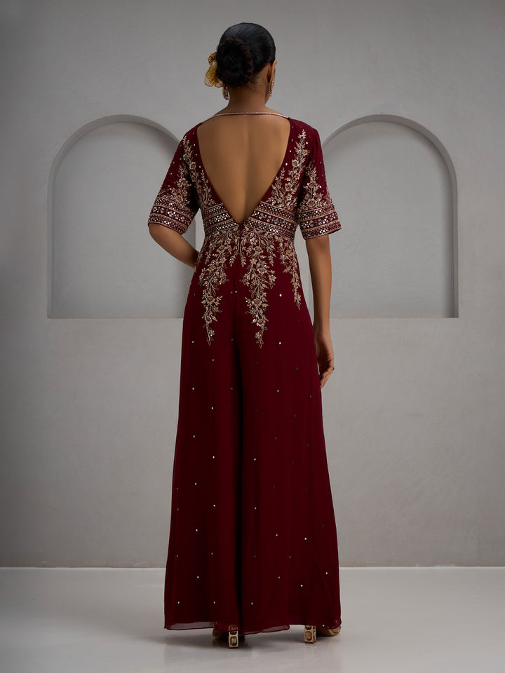 Maroon Hand Embroidered Half Sleeves Jumpsuit