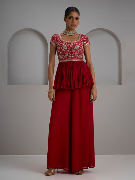 Cherry Red Peplum Kurta With Sharara Pant