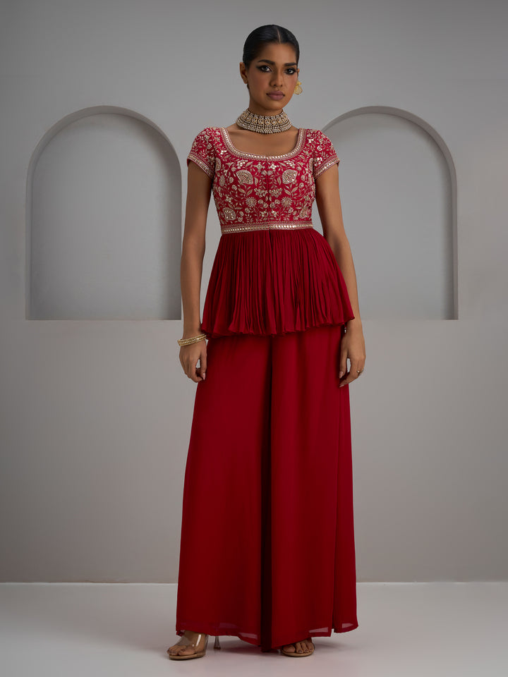 Cherry Red Peplum Kurta With Sharara Pant
