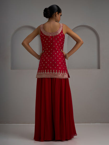 Red Tunic Kurta With Dupatta And Flared Sharara Pant