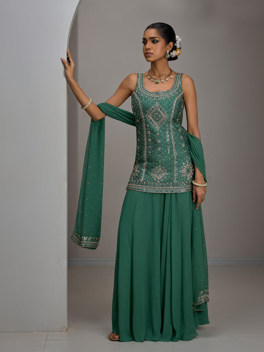 Sage Green Tunic Kurta With Dupatta And Flared Sharara Pant
