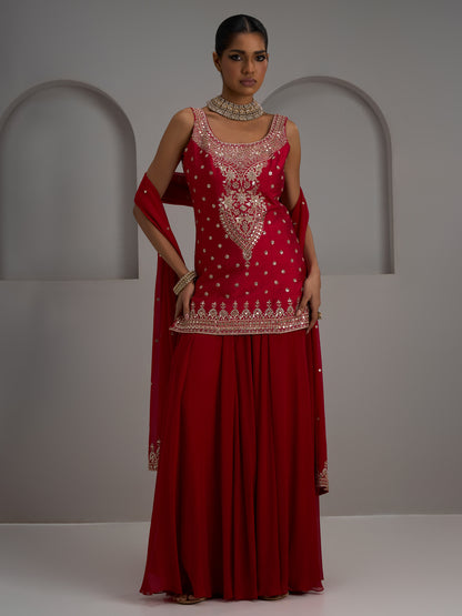 Red Tunic Kurta With Dupatta And Flared Sharara Pant