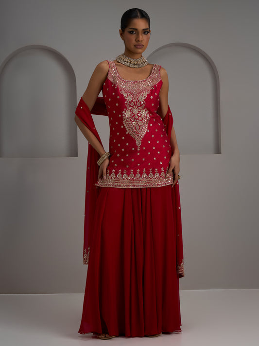 Red Tunic Kurta With Dupatta And Flared Sharara Pant