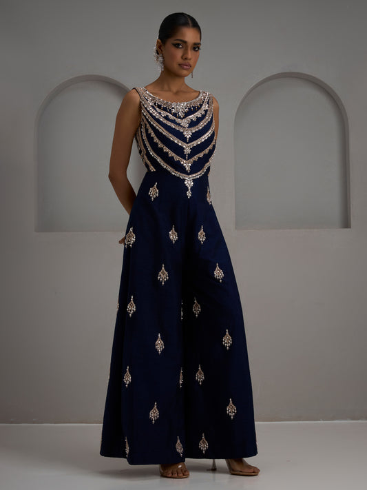Navy Hand Embroidered Sleeveless Jumpsuit