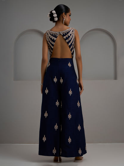 Navy Hand Embroidered Sleeveless Jumpsuit