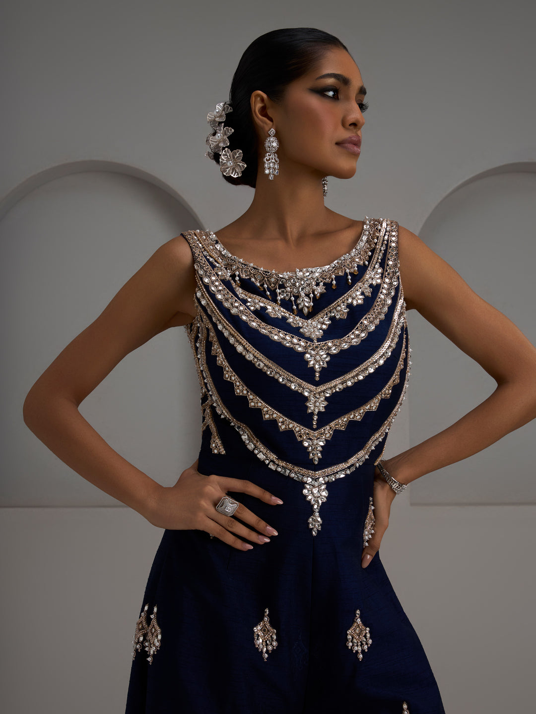 Navy Hand Embroidered Sleeveless Jumpsuit