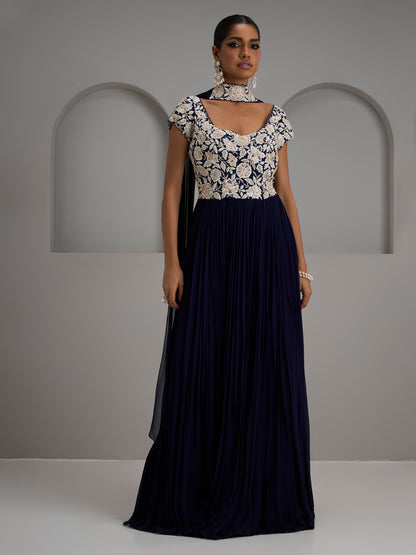 Navy Net Gather Gown With Choker Dupatta