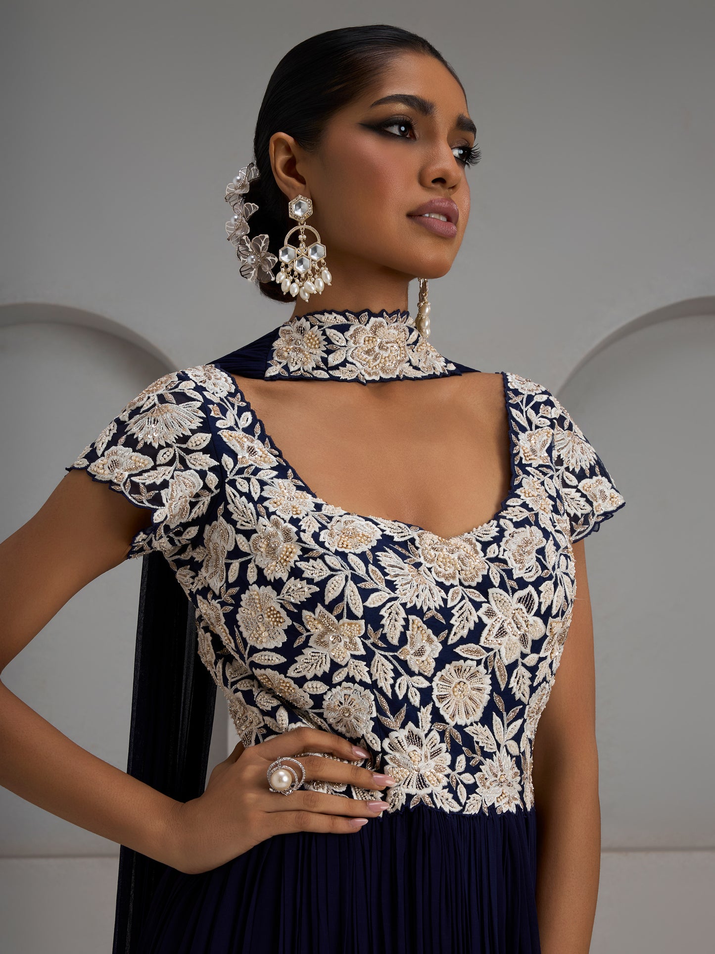 Navy Net Gather Gown With Choker Dupatta