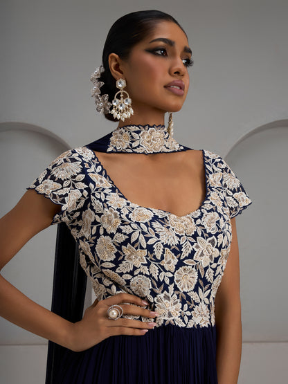 Navy Net Gather Gown With Choker Dupatta