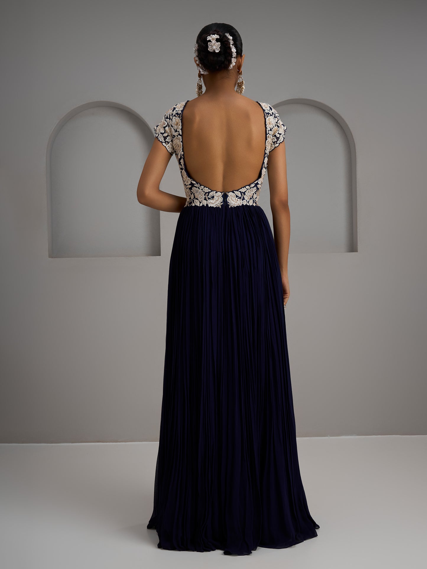 Navy Net Gather Gown With Choker Dupatta